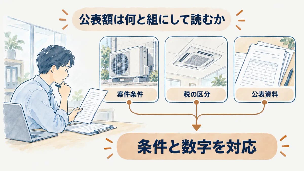 公共調達の価格区分を整理する入札書類と室外機の図