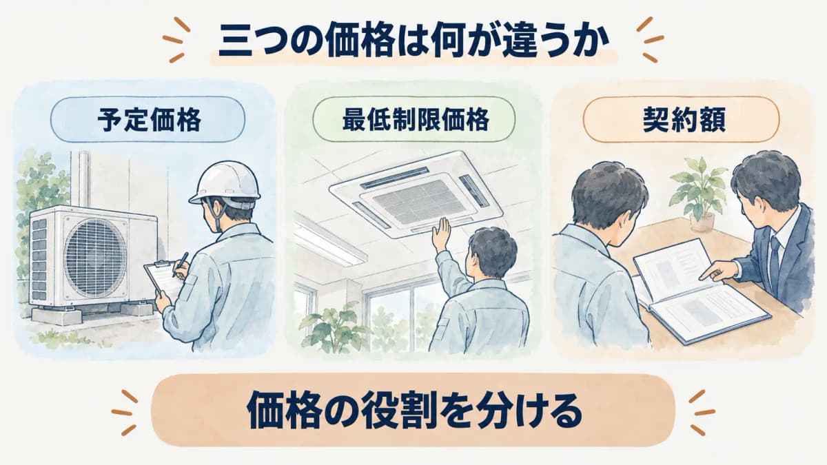 予定価格と最低制限価格と契約額を三つに分ける比較表の図