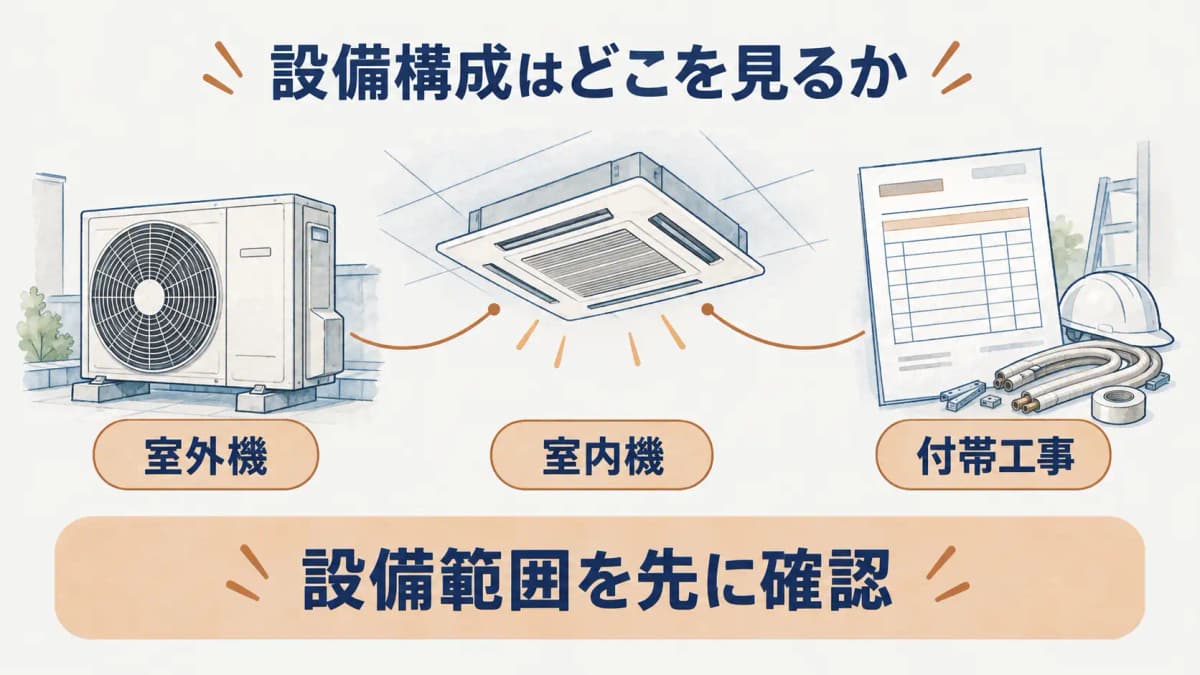 室外機一台と室内機八台の案件範囲を確認する図