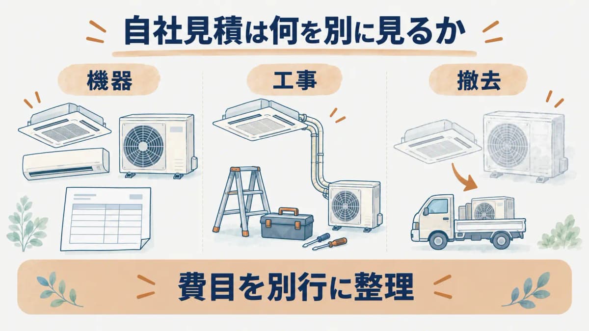 機器と工事と撤去と電気を分ける見積照合シートの図