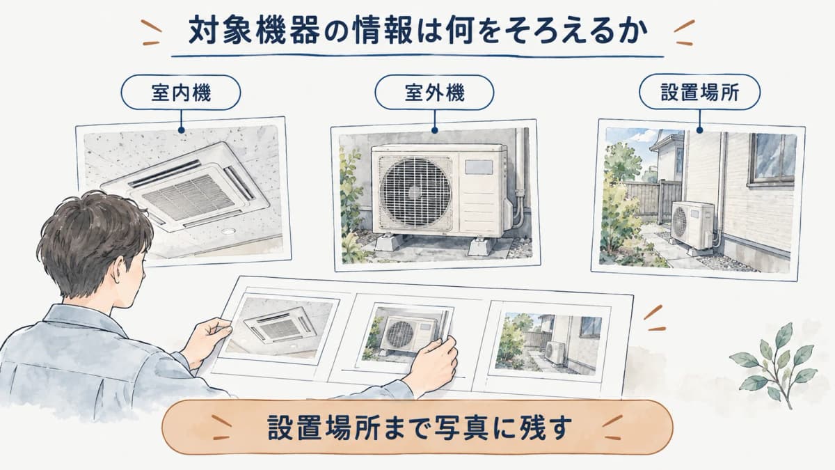 室内機と室外機と設置場所を写真でそろえる確認シートの図
