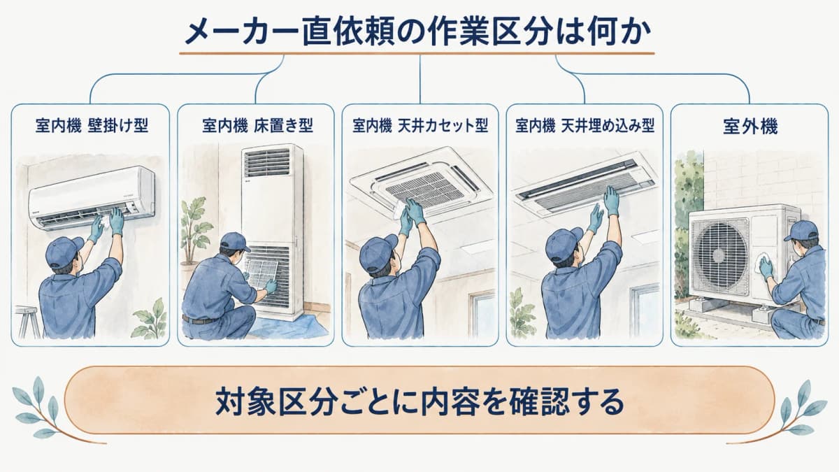 メーカー直依頼の五区分を整理する洗浄作業目安表の図