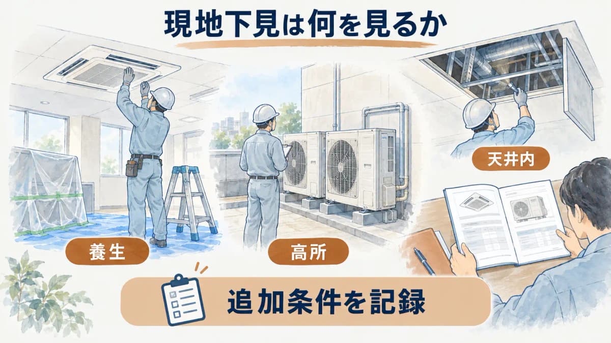 現地下見で確認した養生と高所と天井内を記録する図