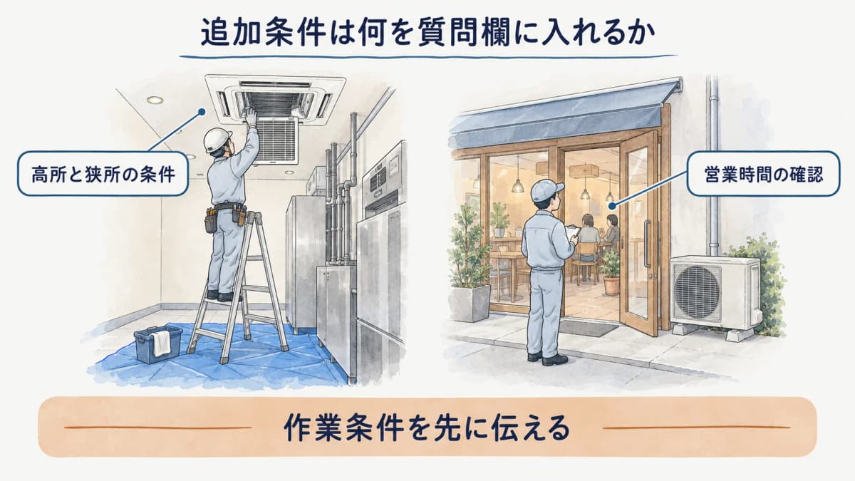 高所と狭所と営業時間を洗浄見積の質問欄に入れる図