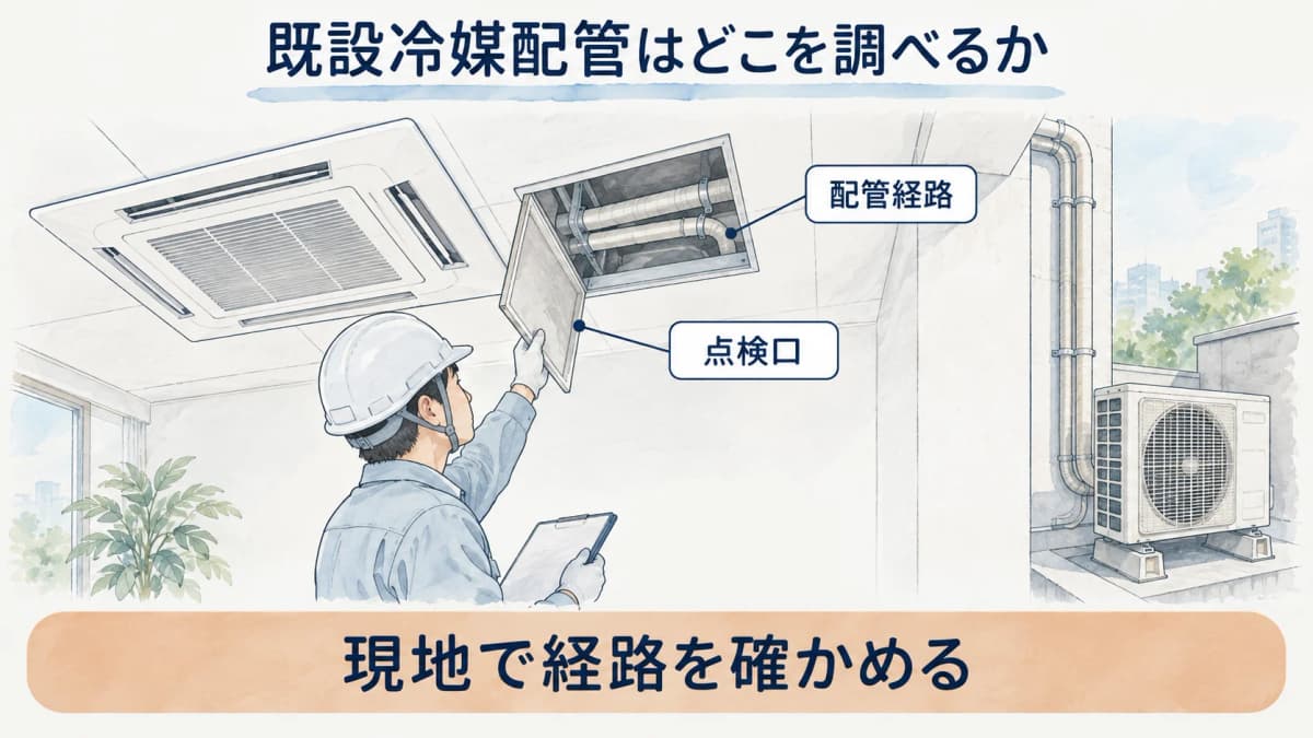 既設冷媒配管の経路と点検口を確認する現地調査の図