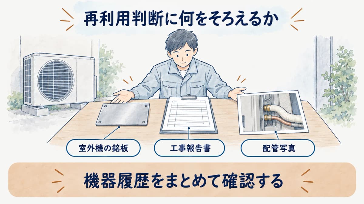 室外機の銘板と工事報告書と配管写真をそろえる図