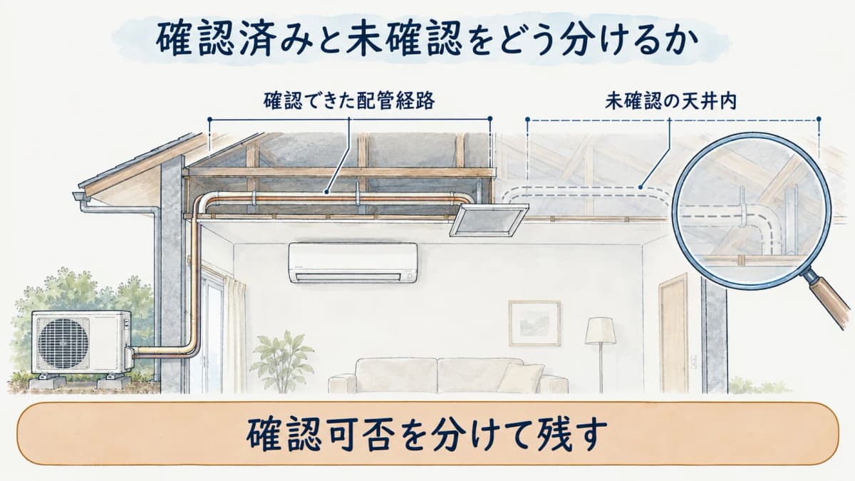 確認できた配管経路と未確認の天井内を分ける配置図