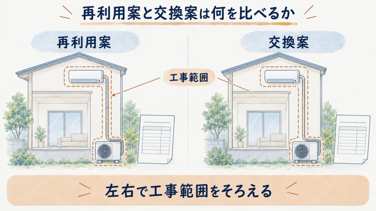再利用案と交換案の工事範囲を左右にそろえる比較表の図