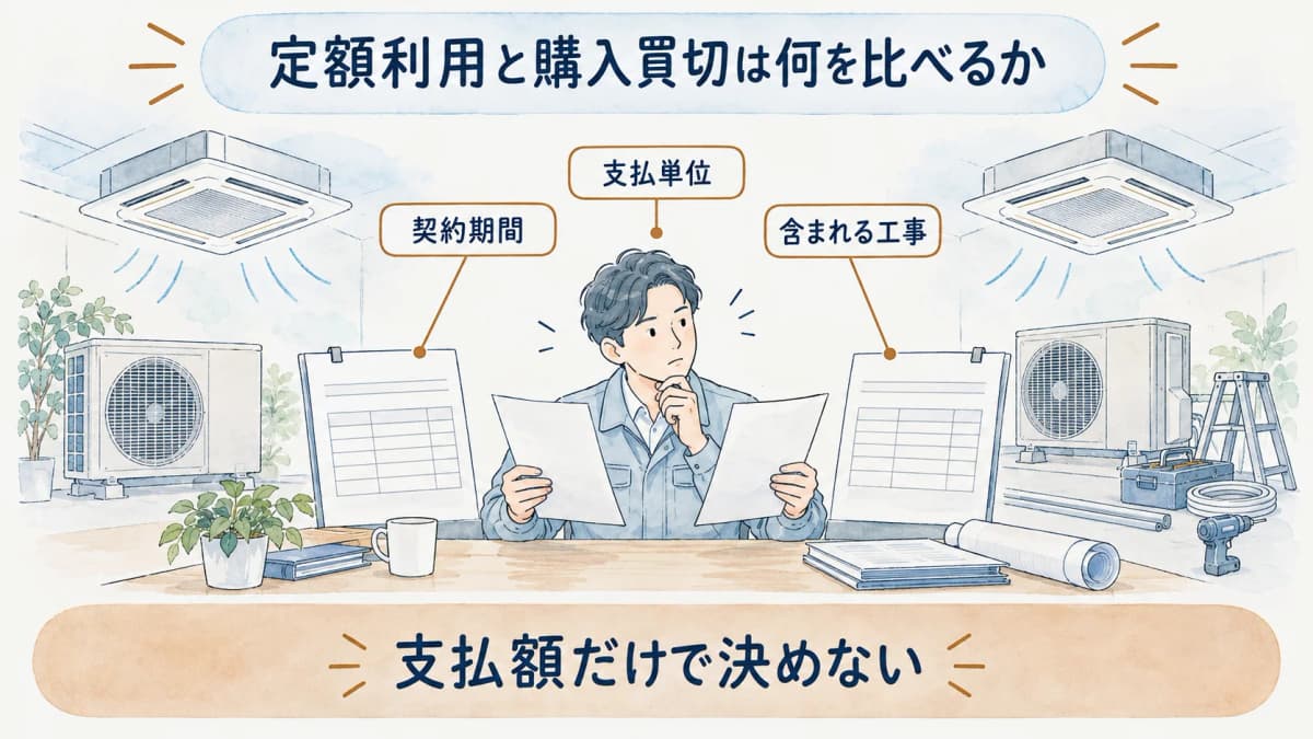 定額利用と購入買切の契約条件を見比べる担当者の図