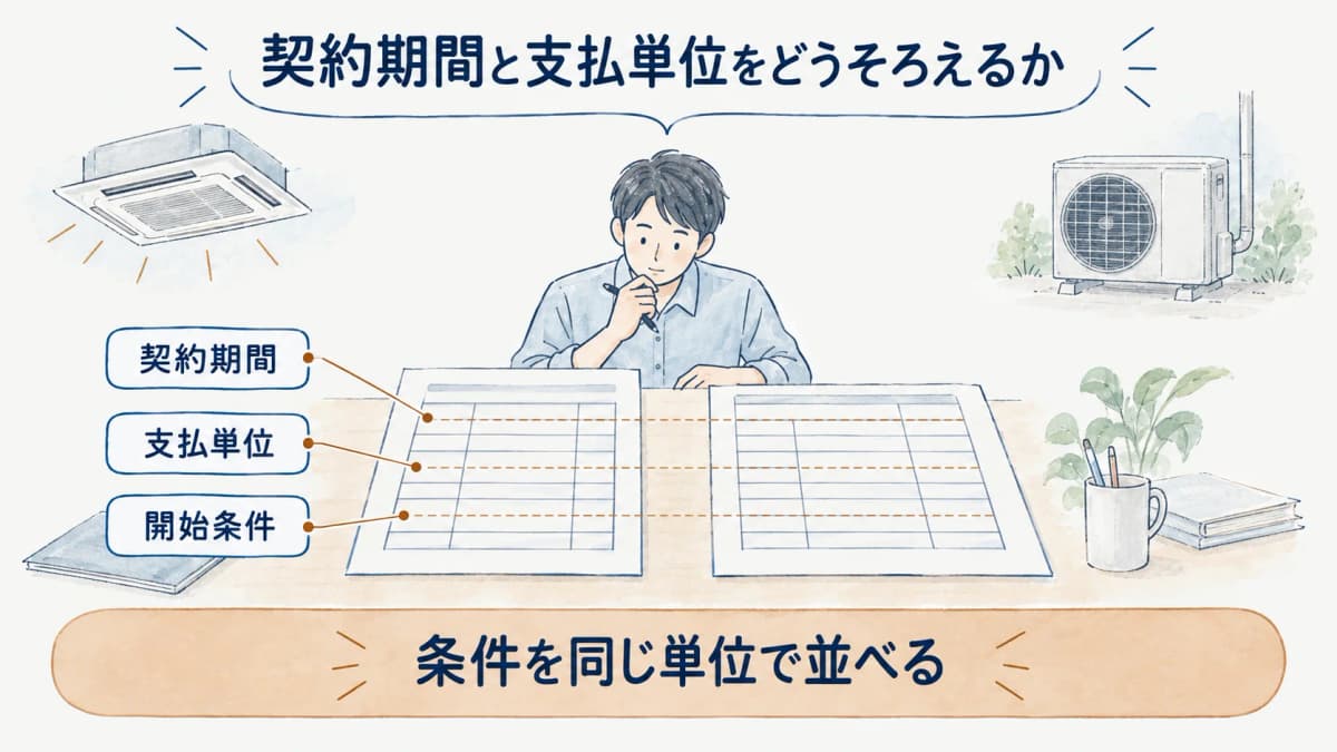 契約期間と支払単位を一行ずつそろえる台帳の図