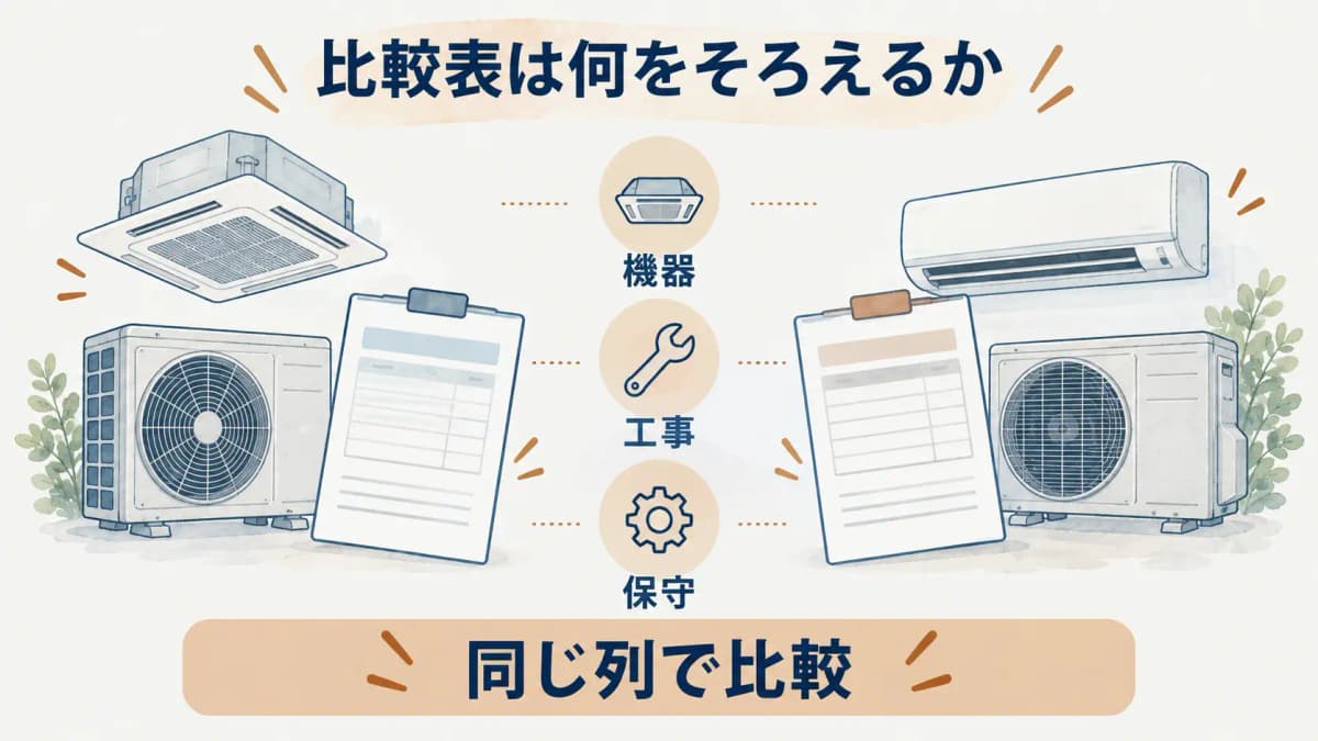 契約条件を左右にそろえる比較表と見積書の図