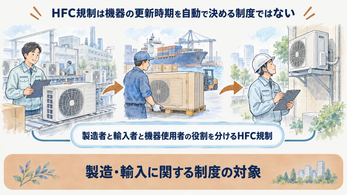 製造者と輸入者と機器使用者の役割を分けるHFC規制の図