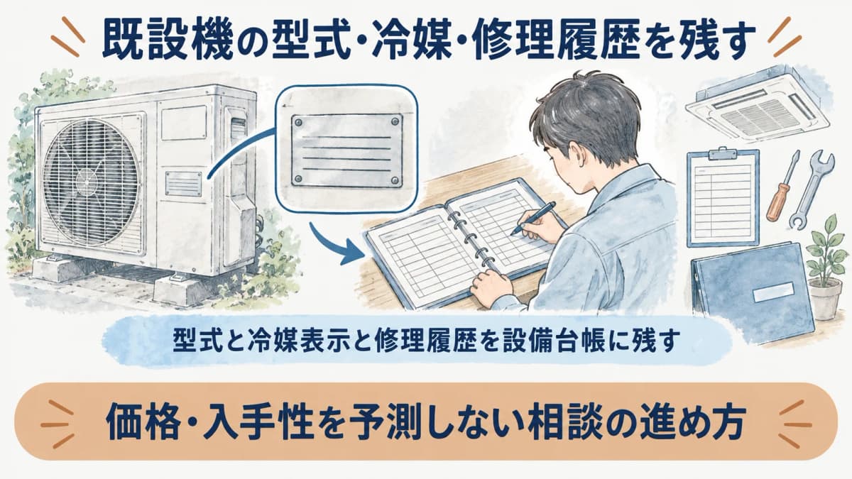 型式と冷媒表示と修理履歴を設備台帳に残す図