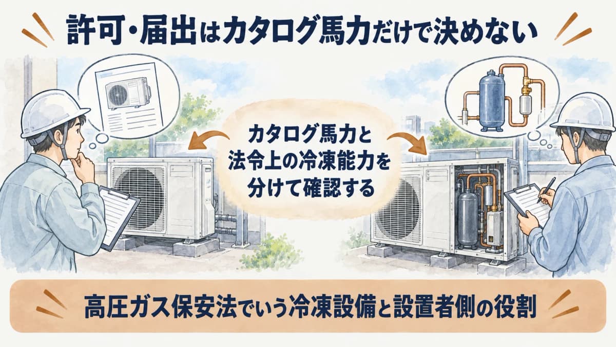 カタログ馬力と法令上の冷凍能力を分けて確認する図