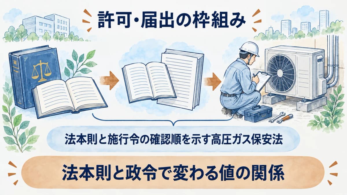 法本則と施行令の確認順を示す高圧ガス保安法の図