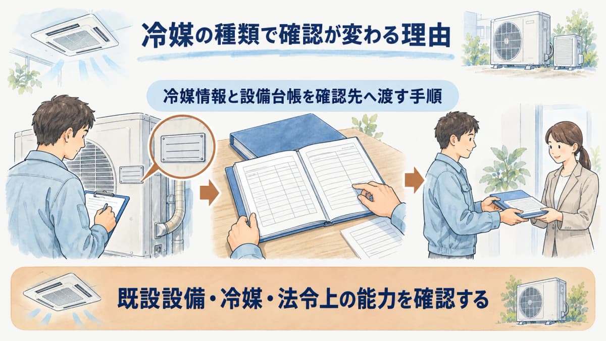 冷媒情報と設備台帳を確認先へ渡す手順の図