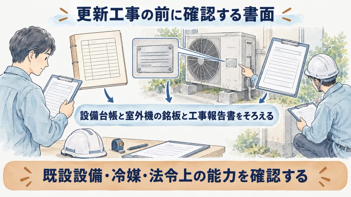 設備台帳と室外機の銘板と工事報告書をそろえる図