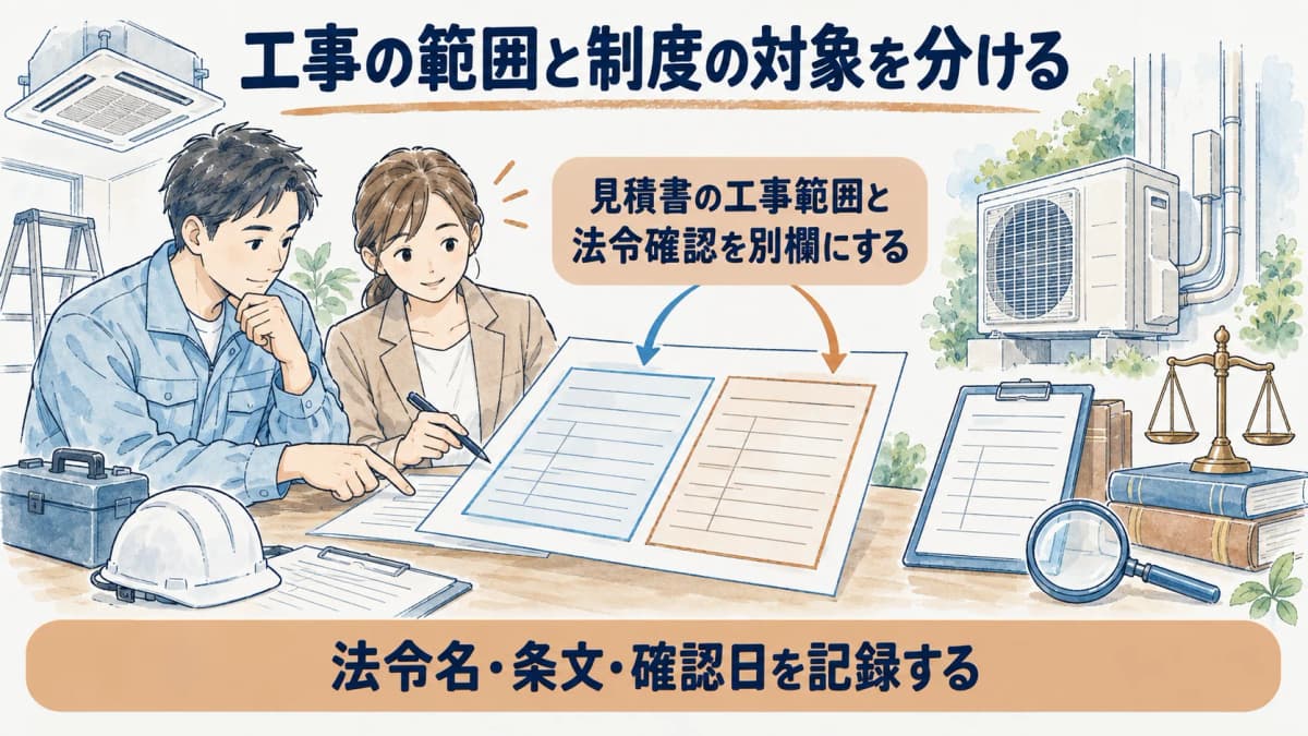 見積書の工事範囲と法令確認を別欄にする図