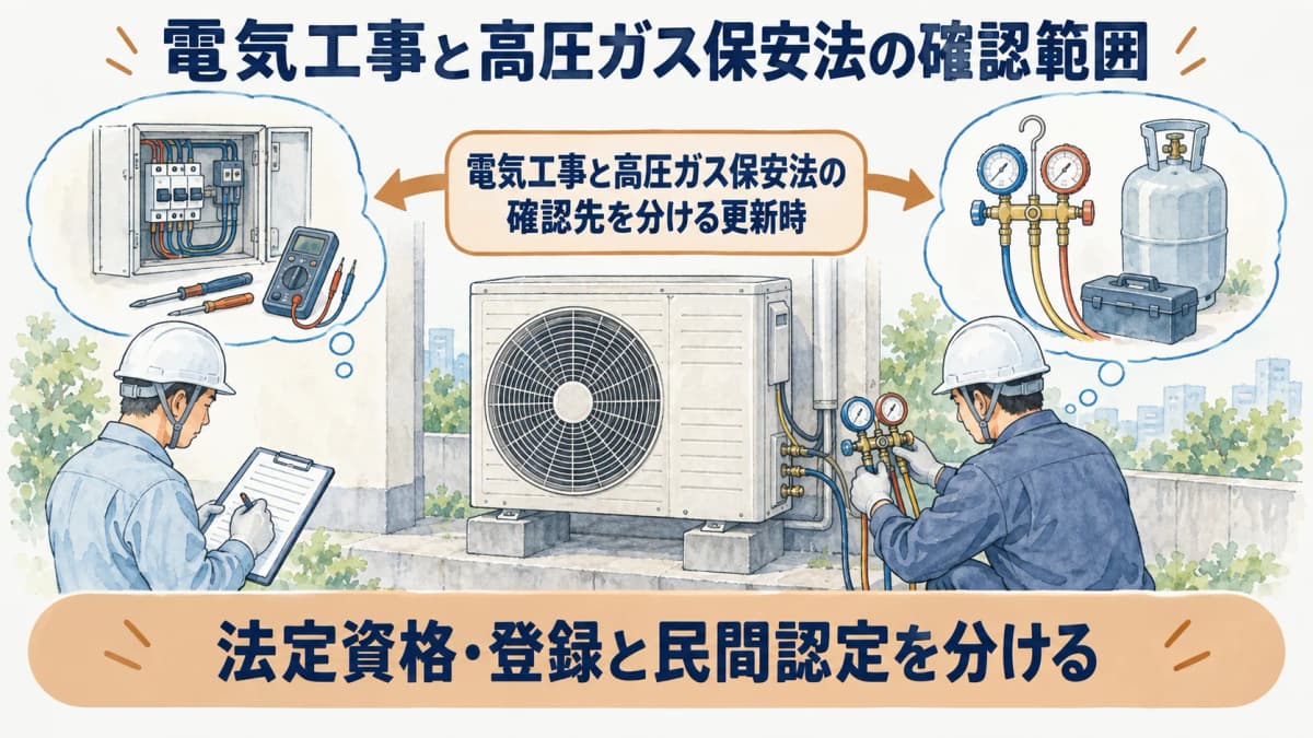 電気工事と高圧ガス保安法の確認先を分ける更新時の図