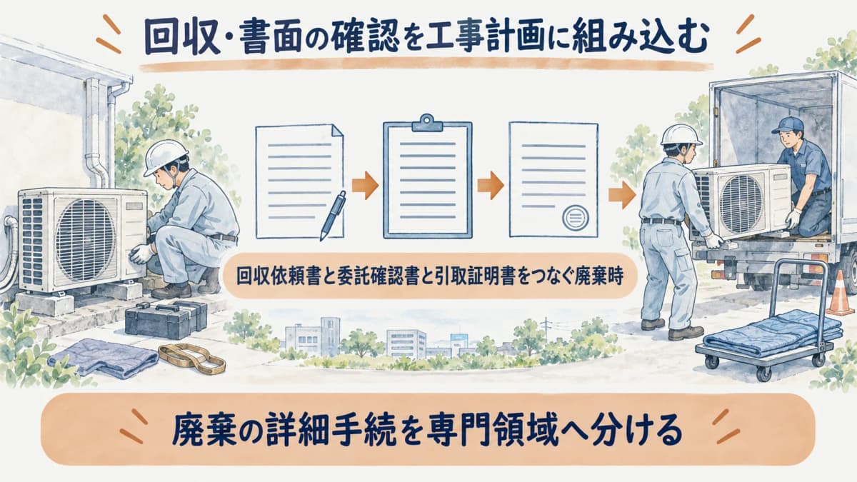 回収依頼書と委託確認書と引取証明書をつなぐ廃棄時の図