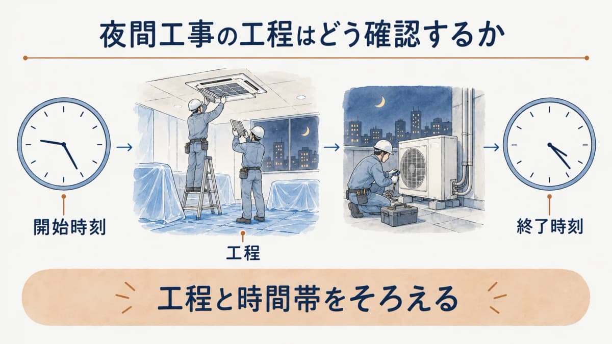 夜間工事の開始時刻と終了時刻と工程を確認する時計の図