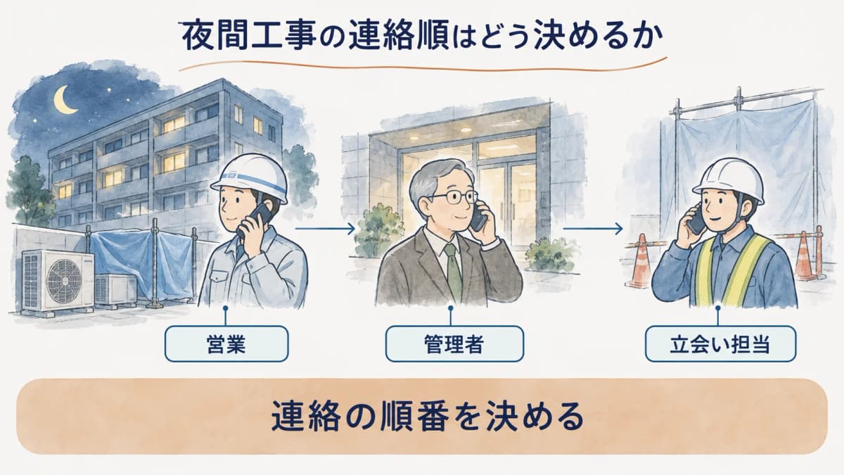 営業と管理者と立会い担当の連絡順を整理する夜間工事の図