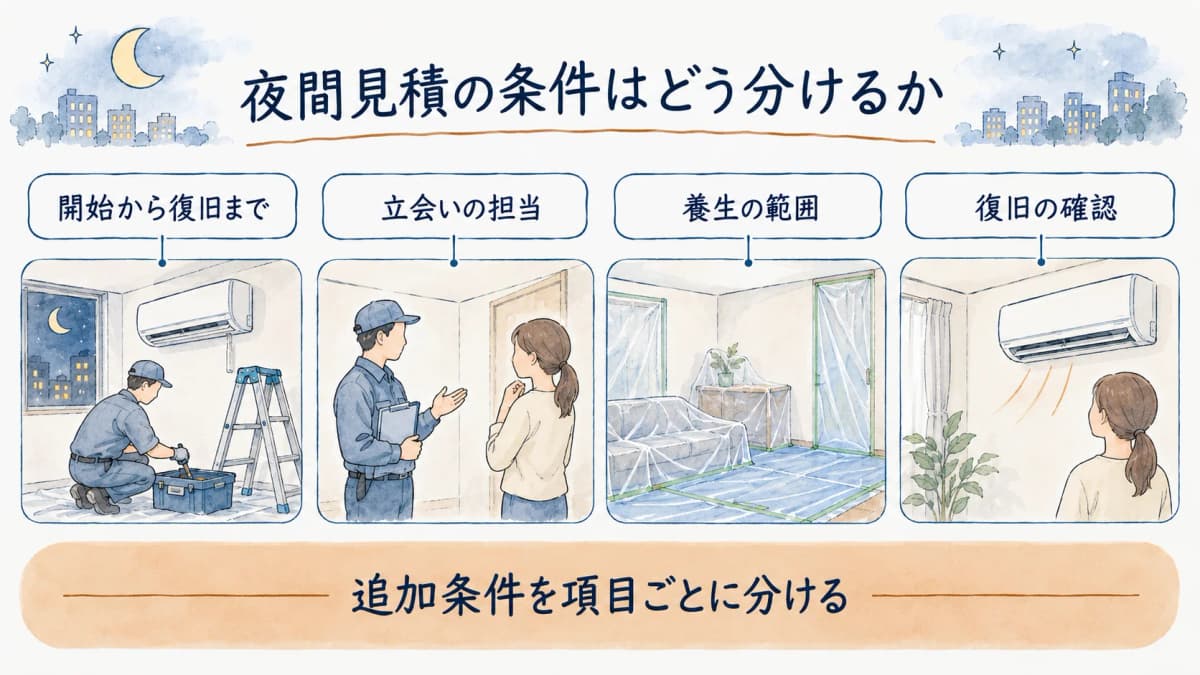 作業時間と立会いと養生と復旧を分ける夜間見積表の図