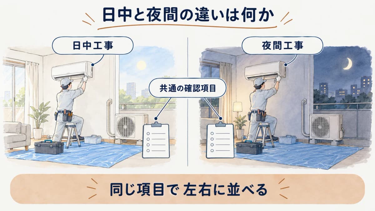 日中工事と夜間工事の条件を左右にそろえる比較図