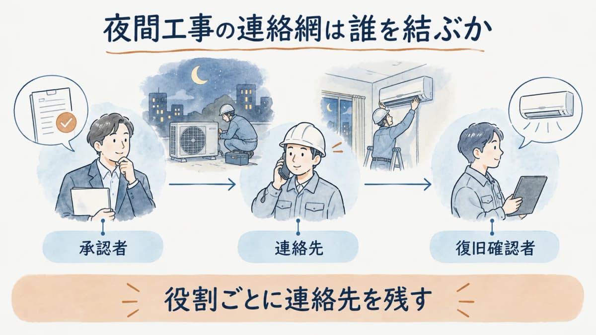 承認者と連絡先と復旧確認者を結ぶ夜間工事連絡網の図