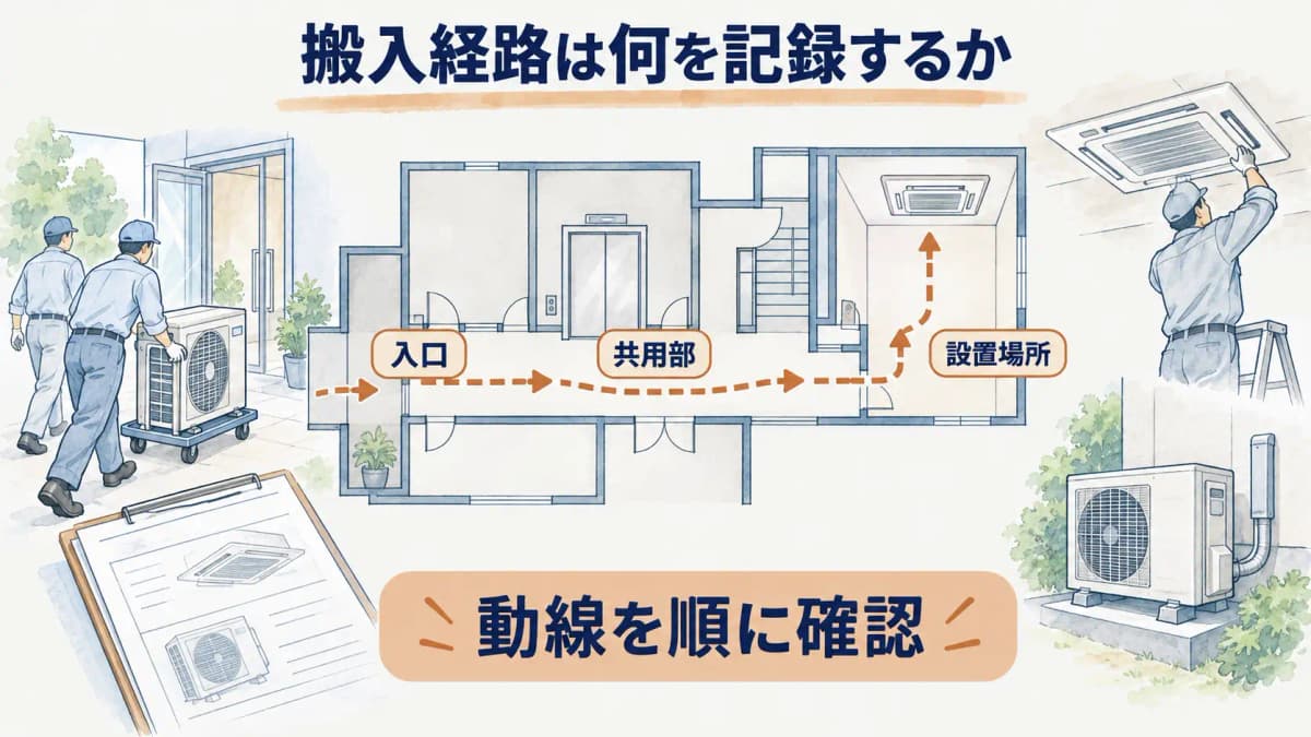 室外機の搬入経路と作業空間を確認する建物断面の図
