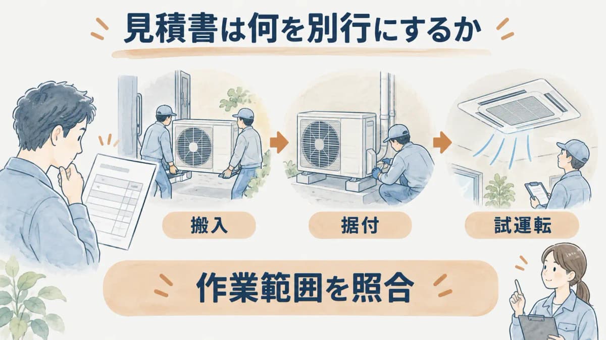 養生と揚重と据付と搬出を分ける見積項目の図