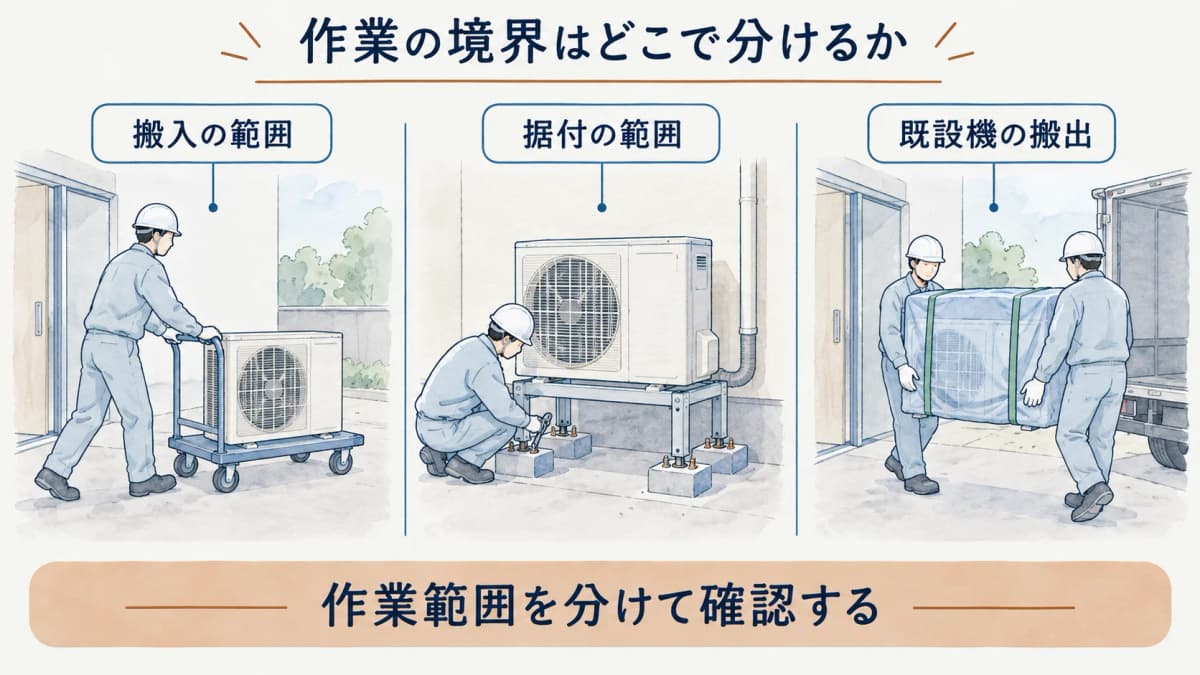 搬入と据付と既設機の搬出の境界を分ける確認表の図