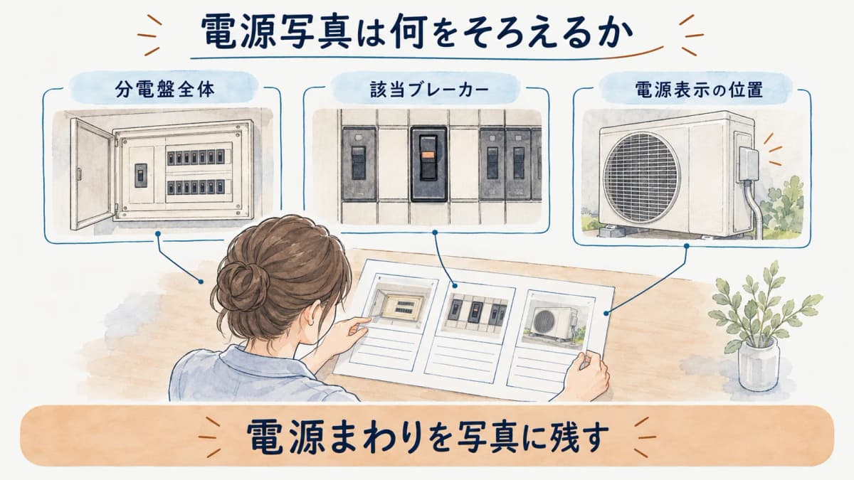 分電盤とブレーカーと電源表示を写真でそろえる図