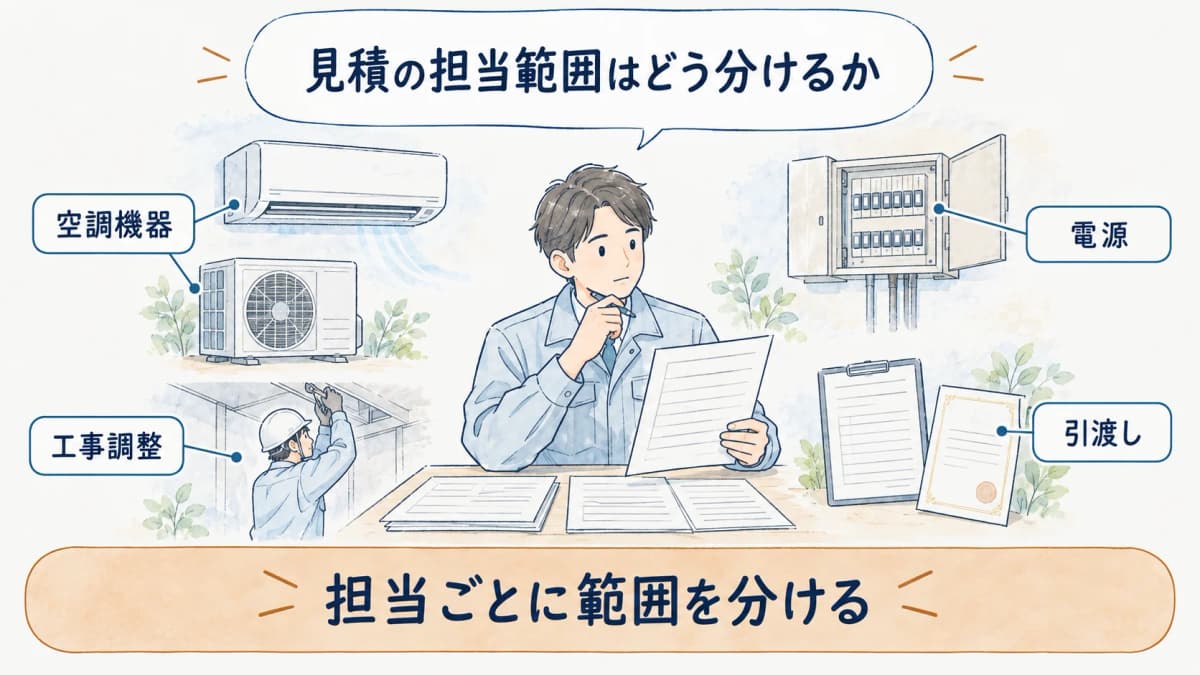空調機器と電源と工事調整と引渡しを分ける見積表の図