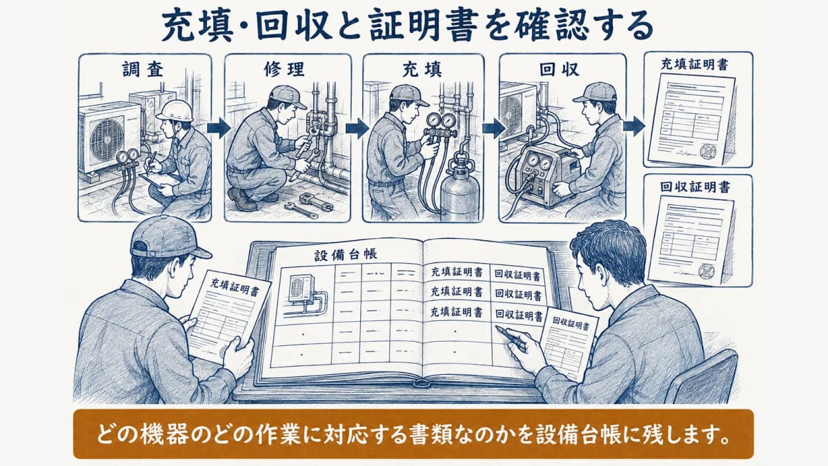 冷媒作業と証明書の確認図