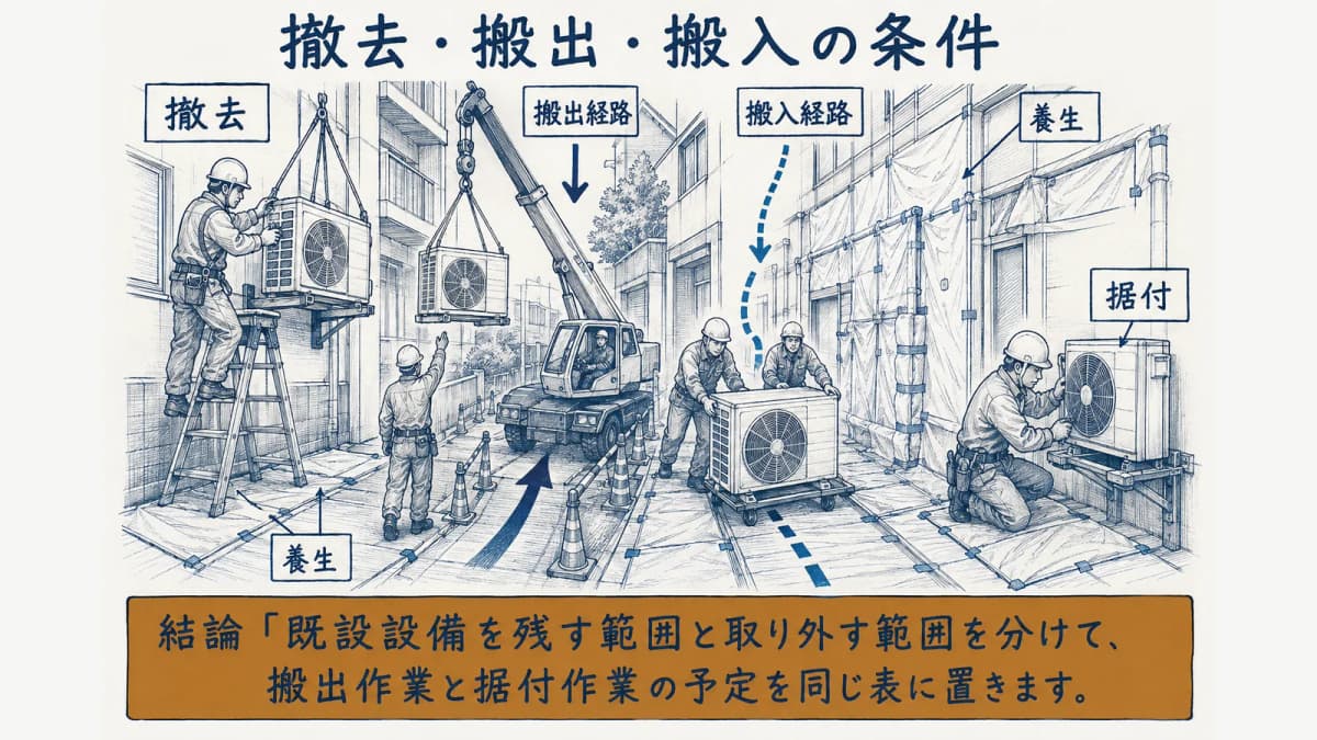 撤去搬出搬入の工程条件