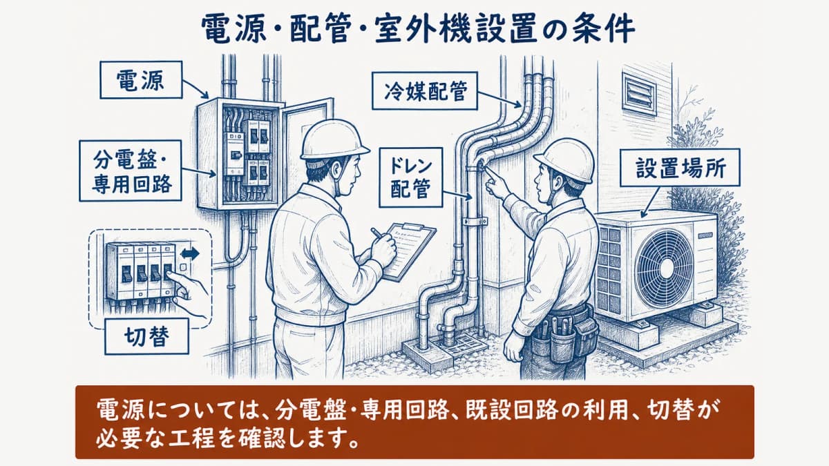 電源配管と室外機の確認図