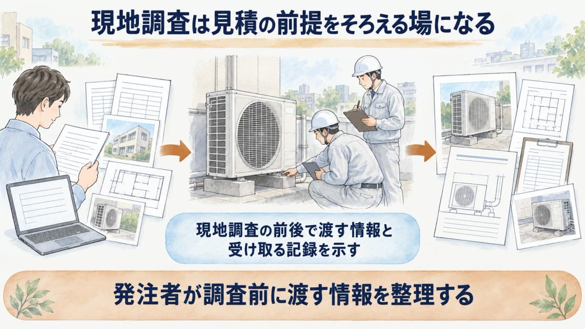 現地調査の前後で渡す情報と受け取る記録を示す図