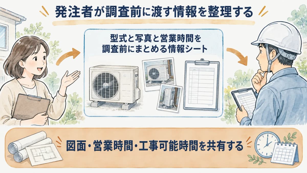 型式と写真と営業時間を調査前にまとめる情報シートの図