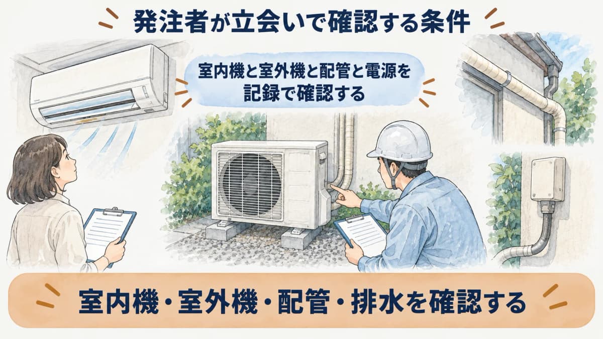 室内機と室外機と配管と電源を記録で確認する図