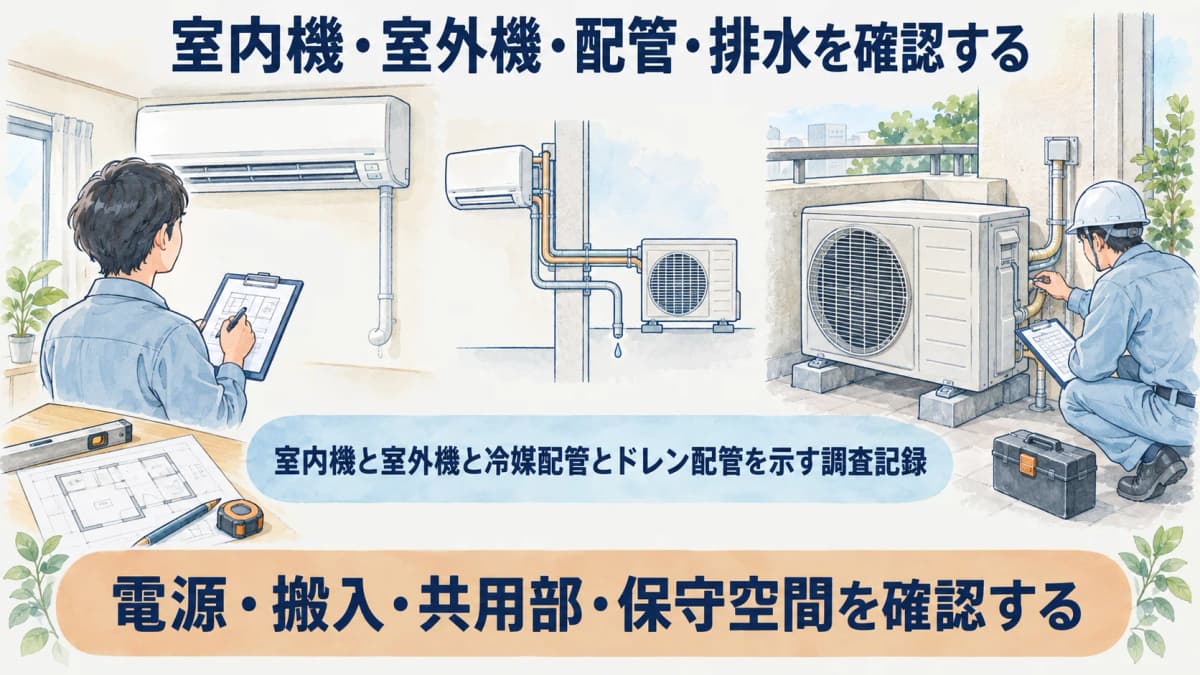室内機と室外機と冷媒配管とドレン配管を示す調査記録の図
