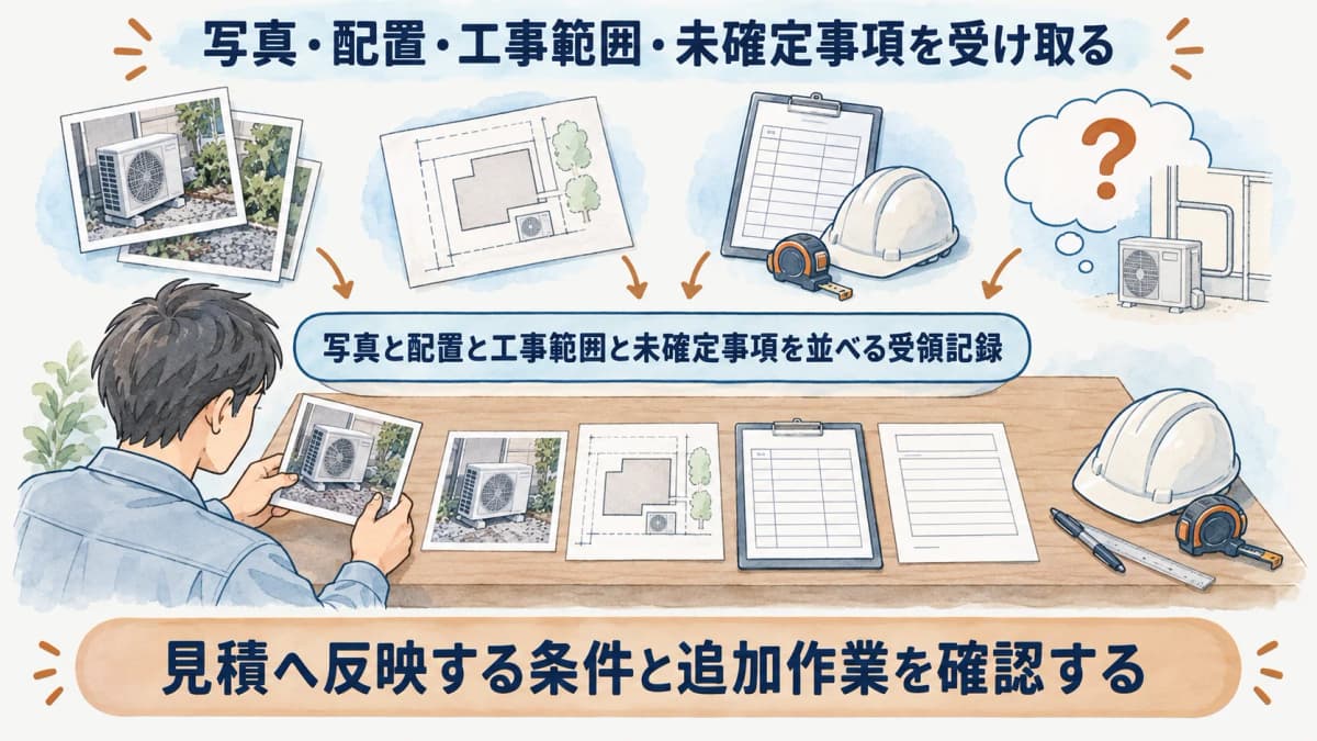 写真と配置と工事範囲と未確定事項を並べる受領記録の図