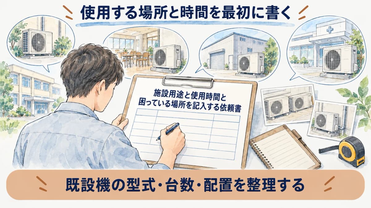 施設用途と使用時間と困っている場所を記入する依頼書の図