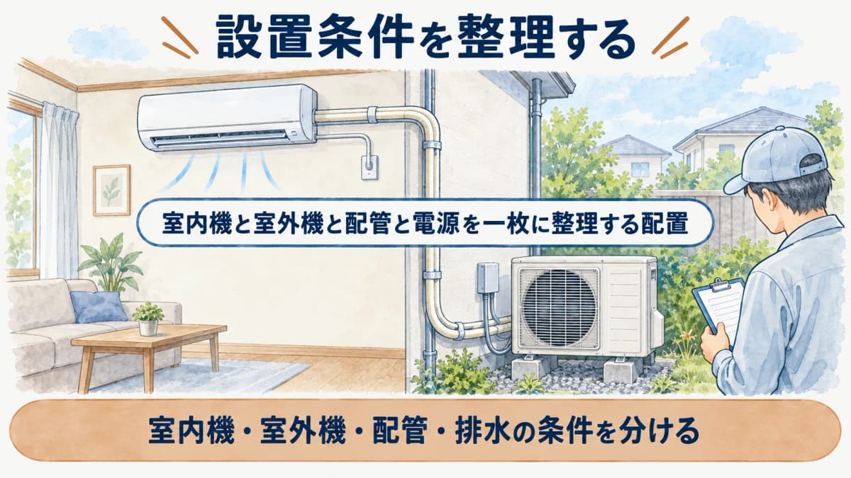 室内機と室外機と配管と電源を一枚に整理する配置図