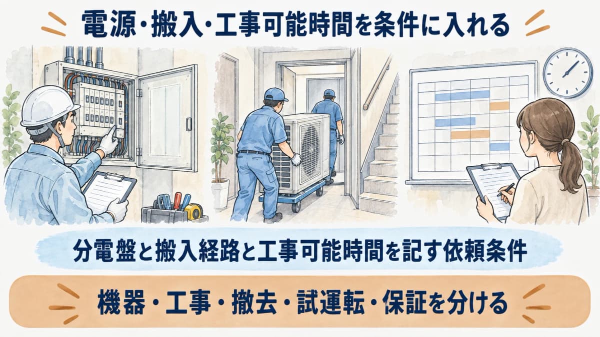 分電盤と搬入経路と工事可能時間を記す依頼条件の図