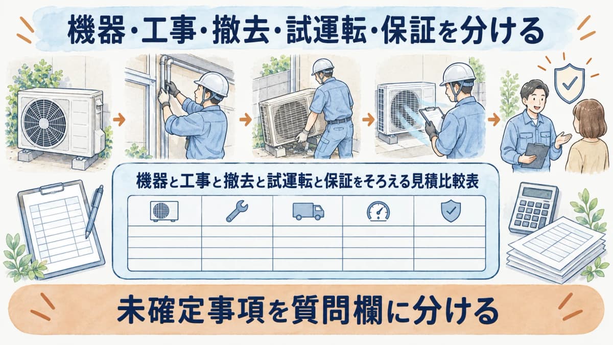 機器と工事と撤去と試運転と保証をそろえる見積比較表の図