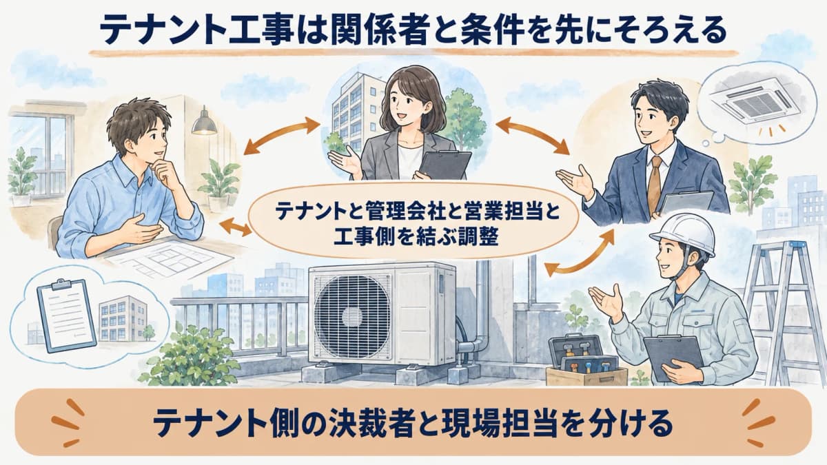 テナントと管理会社と営業担当と工事側を結ぶ調整図