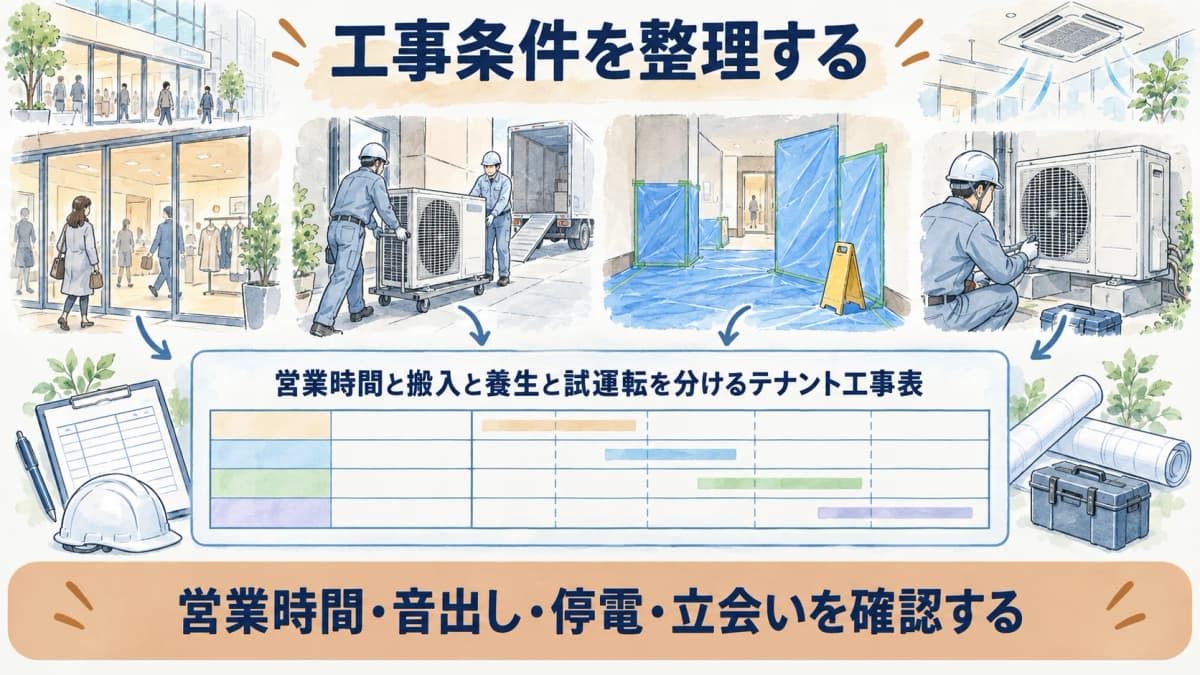 営業時間と搬入と養生と試運転を分けるテナント工事表の図