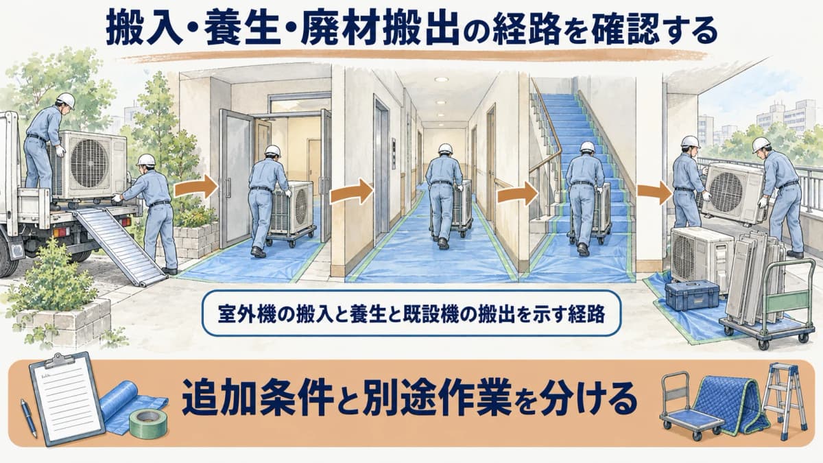 室外機の搬入と養生と既設機の搬出を示す経路図