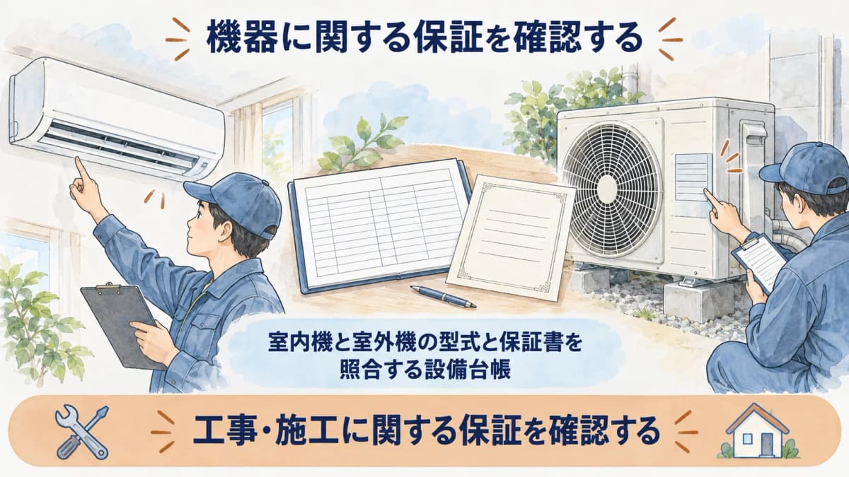 室内機と室外機の型式と保証書を照合する設備台帳の図